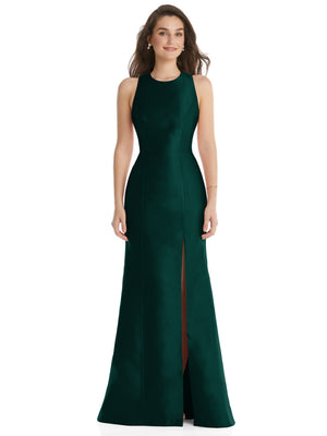 Dark green sleeveless jewel-neck trumpet dress with front slit