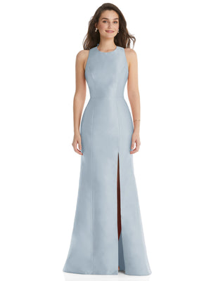 Lavender trumpet evening dress, sleeveless jewel neck, front slit at hem