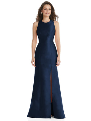 Jewel neck trumpet dress in navy with front slit, sleeveless