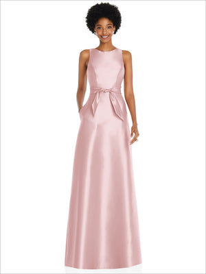 Blush satin maxi dress, sleeveless with jewel neck and waist bow detail