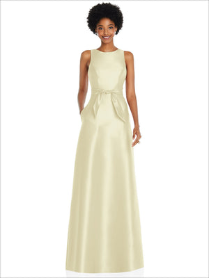 Cream satin maxi dress with jewel neckline and front waist tie mini sash