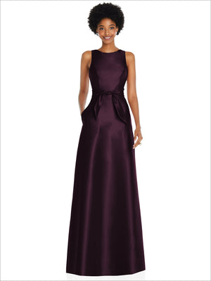 Dark plum jewel-neck maxi dress with V-back and waist mini sash tie