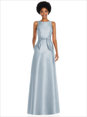 Sky blue jewel-neck sleeveless maxi dress with V-back and tied mini sash.