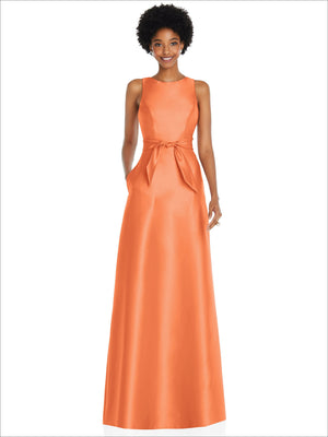 Jewel-neck V-back maxi dress in coral orange satin with gathered waist and mini sash bow.