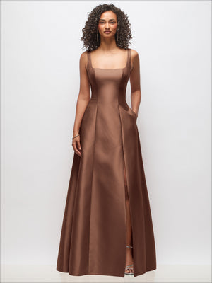 Square-neck sleeveless princess-line gown with pockets, cocoa brown, full skirt
