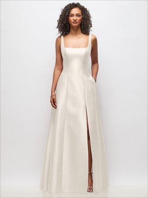 Ivory sleeveless princess gown with square neckline and front slit