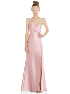 Blush satin one-shoulder trumpet gown with draped bodice and long front slit