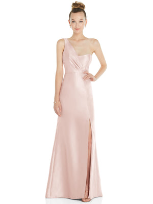 Blush satin one-shoulder trumpet evening gown with side drape and front slit