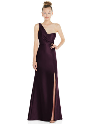 Burgundy satin one-shoulder draped trumpet gown with front slit and side panel.