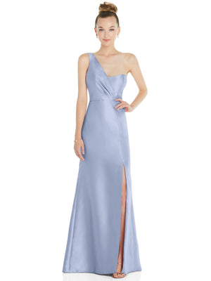 One-shoulder satin trumpet gown in periwinkle blue with front slit and draped bodice.