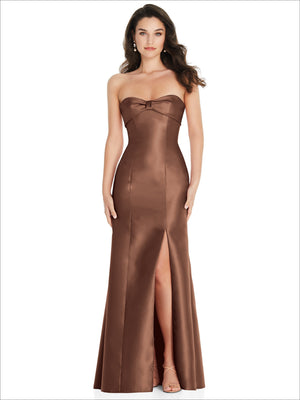 Cabernet satin strapless trumpet gown with sweetheart bow and front leg slit
