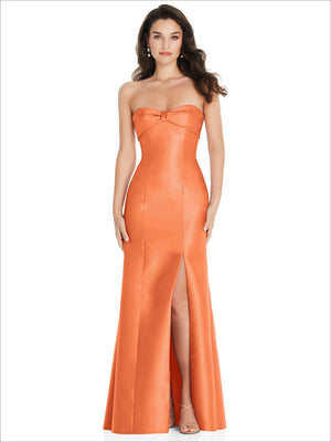 Coral orange strapless satin trumpet gown with bow detail and front slit