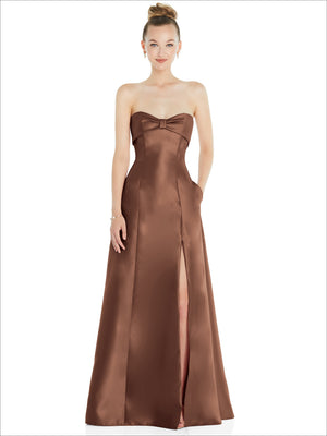 Satin strapless ball gown with bow at bust and front slit, rich brown satin
