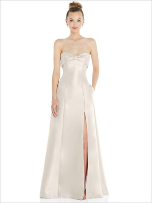 Ivory satin strapless ball gown with bow bodice and front slit skirt