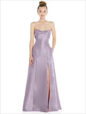 Lilac strapless satin ball gown with bow bodice and front slit skirt