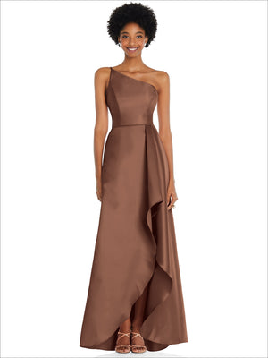 One-shoulder satin gown in dark brown with draped front slit