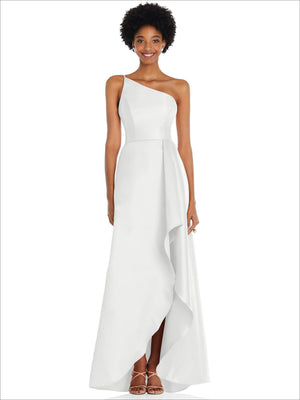 One-shoulder satin gown in white with draped front and high slit