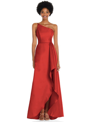 Poppy red one-shoulder satin gown with draped front slit and side pockets