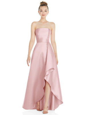 Blush pink strapless satin gown with draped front slit and full flared skirt
