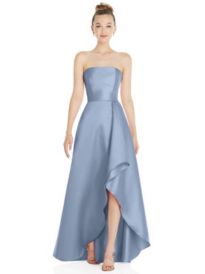 Light blue strapless satin gown with draped front overlay and high side slit