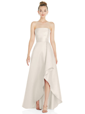White satin strapless gown with draped front slit and layered asymmetrical skirt