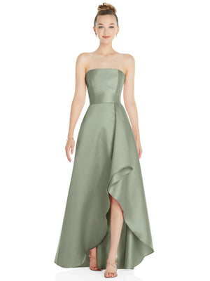 Sage green strapless satin gown with draped front slit, flowing skirt, and pockets