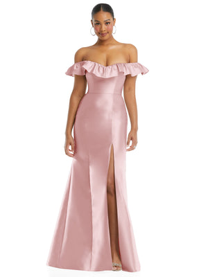 Blush off-shoulder ruffle satin trumpet gown with sweetheart neckline and front slit.