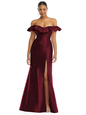 Off-shoulder satin trumpet gown in cabernet with ruffled neckline and high front slit.