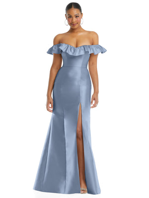 Light blue satin trumpet gown with off-shoulder ruffle and thigh slit