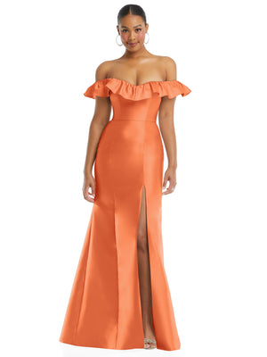Off-shoulder ruffle-neck satin trumpet gown, orange satin, with front slit