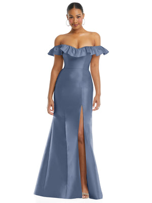 Periwinkle blue satin off-shoulder ruffle-neck trumpet gown with front slit