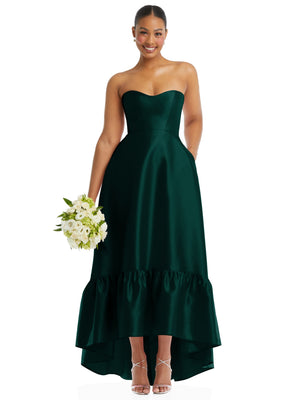 Evergreen strapless satin high-low dress front view with sweetheart bodice and ruffle hem