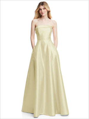 Strapless satin gown in pale yellow, fitted bodice with flared skirt