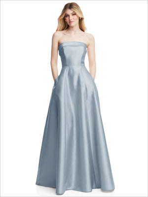 Powder blue strapless satin gown with fitted bodice and flared skirt