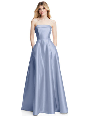 Powder blue strapless satin gown with fitted bodice and full skirt