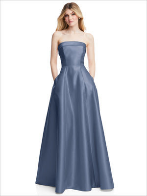 Dusty blue strapless satin gown with structured bodice and full A-line skirt