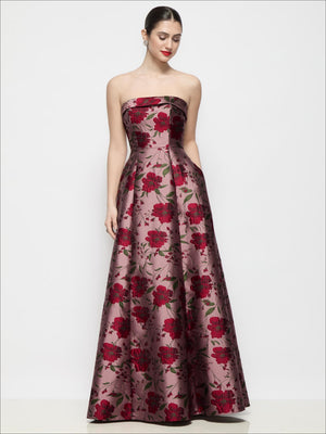 Strapless corset-style bodice dress with burgundy floral brocade and full A-line skirt