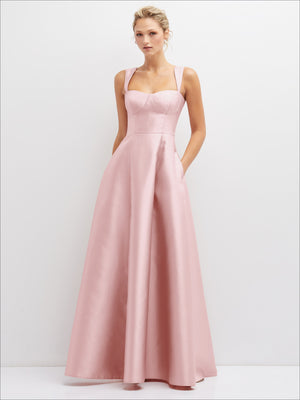 Powder pink satin bustier dress with spaghetti straps and full gathered skirt
