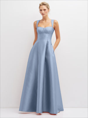 Powder blue satin bustier dress front view, square neckline, spaghetti straps, full skirt