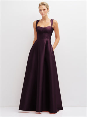 Burgundy satin bustier dress with full skirt, thin straps and side pockets