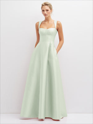 Mint green satin bustier dress with square neckline and full skirt, spaghetti straps