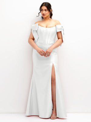 Off-shoulder bow satin corset dress in white, bow-tied sleeves and side slit