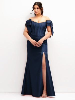 Off-shoulder bow satin corset dress, dark navy with slit fit-and-flare skirt