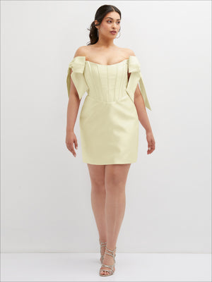 Light satin off-the-shoulder corset mini dress with bow straps