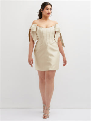Satin off-the-shoulder bow corset mini dress in champagne with side shoulder bows