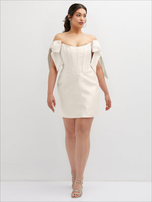 Satin off-the-shoulder bow corset mini dress with draped sleeves, light ivory