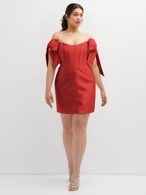 Red satin off-the-shoulder bow corset mini dress with structured bodice