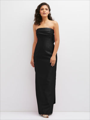 Strapless draped column dress in black with straight neckline and side slit
