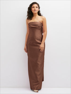Brown strapless column dress with draped bodice and side slit