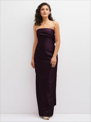 Strapless draped column dress with oversized bow, deep plum